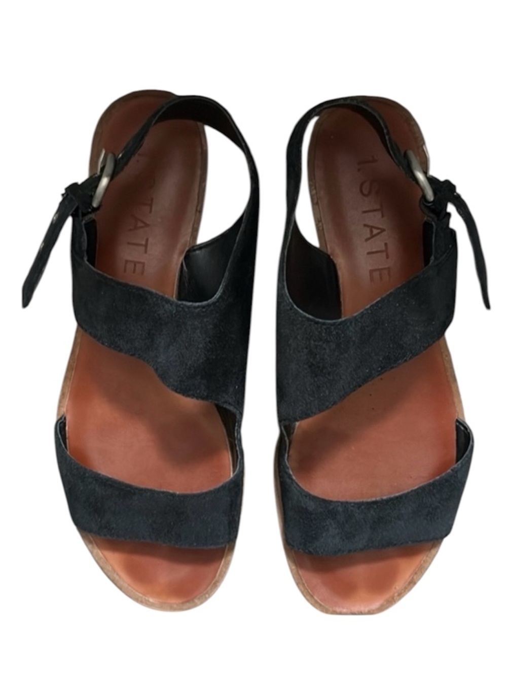 1.STATE Caleb Black Suede Leather Sandals Size 6 Ankle Strap Comfort Flats
